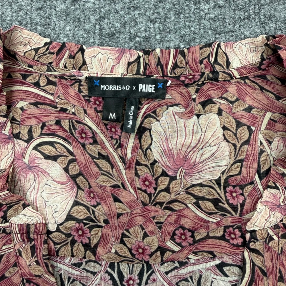 Morris & Co x PAIGE Silk Floral Ruffle Blouse Mauve Art Nouveau Top Medium - Picture 3 of 8